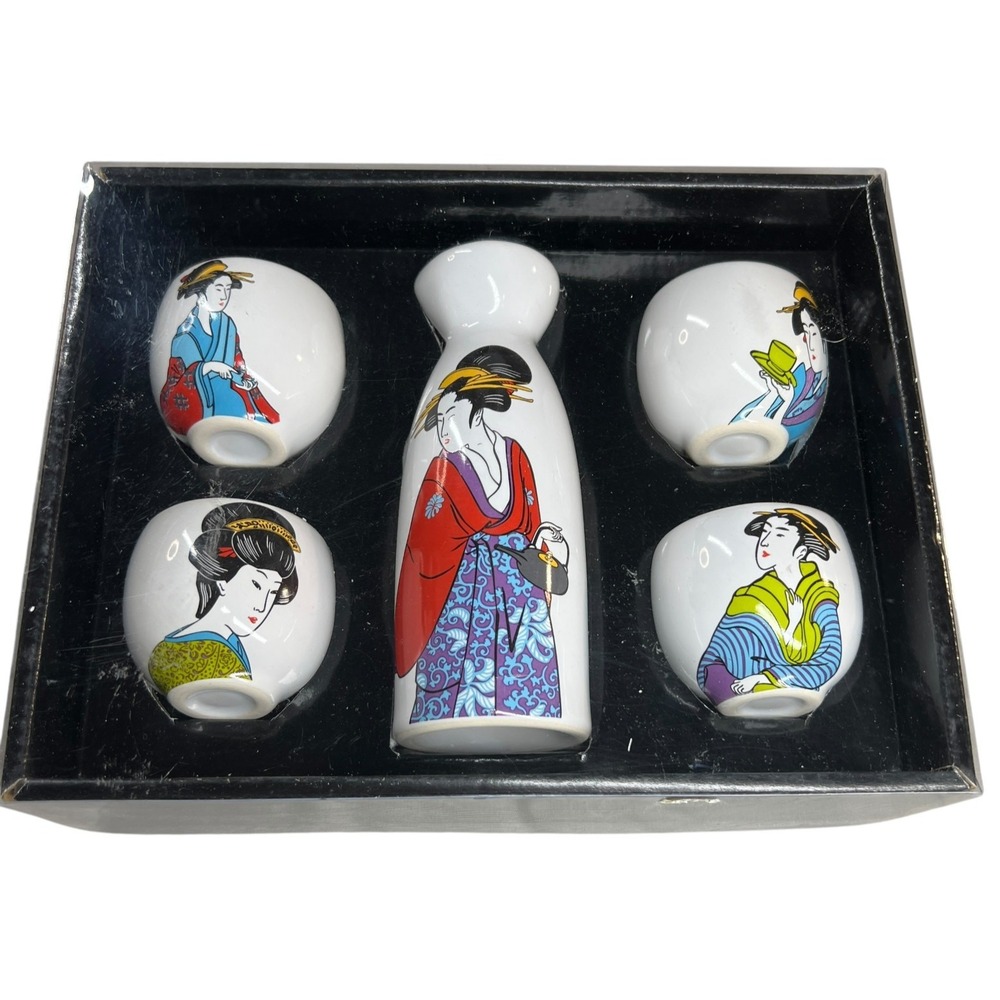Japanese Style Geisha Sake 5-Piece Set Ceramic Bottle &‎ Cups Colorful Ceramic